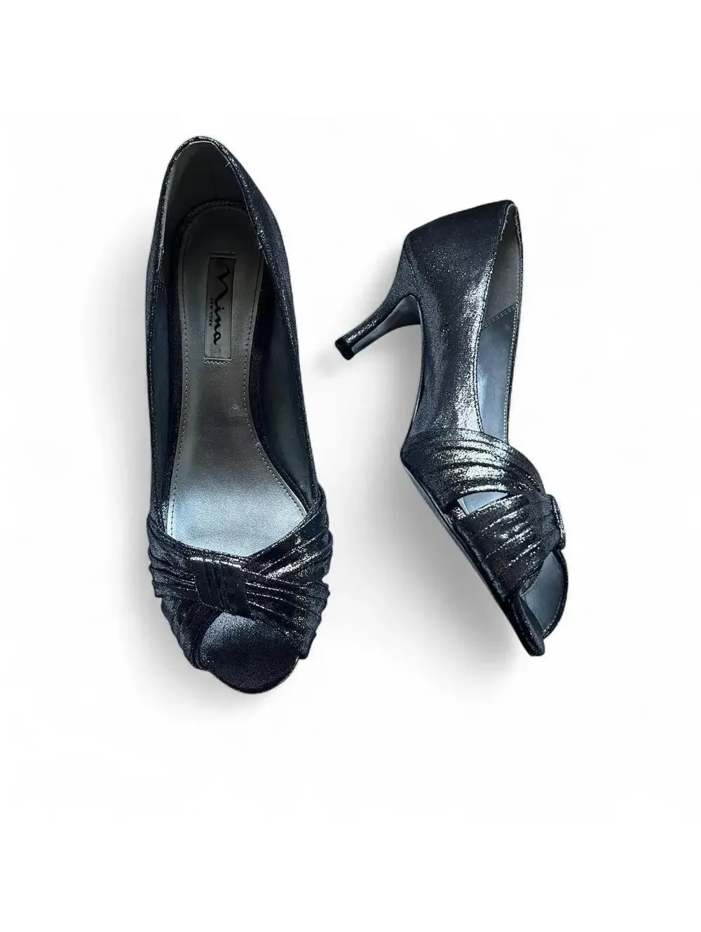 Nina New York Pewter Metallic Silver Leather Peep Toe Heels Size 8